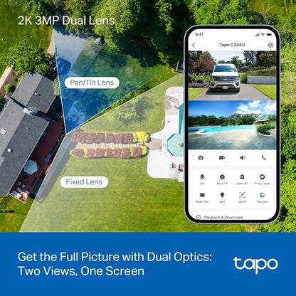 Tapo 2K 3MP Indoor/Outdoor Dual Lens Pan/Tilt Security Camera – 125° Wide-Angle + 6mm Telephoto, Free Person/Vehicle Detection, 360° View, SD/Cloud, Works w/Alexa & Google Assistant – HybridCam Duo