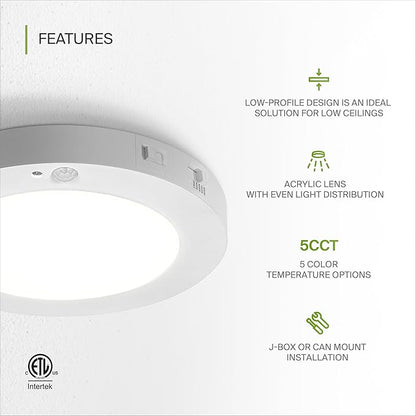 ASD LED 7" Round Flush Mount Ceiling Light Fixture, Low Profile Surface Lighting | 5CCT, Motion Sensored, Ultra-Thin, ETL Listed | 15W 900LM 2700-6000K 120V | Kitchen, Bedroom, Hallway Lamp | White
