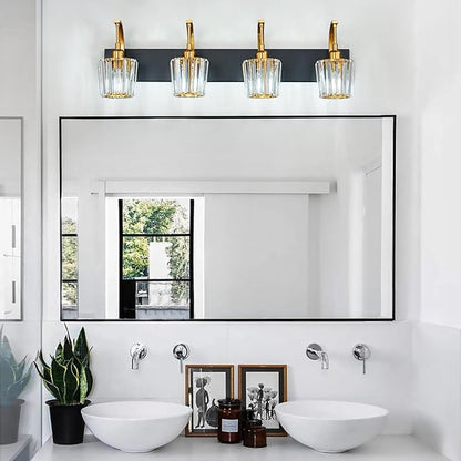 FDPBY Modern Bathroom Vanity Light, 4-Light Black Gold Wall Sconce with Crystal Accents, Over Mirror Bathroom Lighting Fixture, 32.67" Long Dimmable Vanity Lamp for Makeup, Easy Installation
