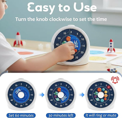 BellMan Visual Timer with Pause Button, 60 Minute Countdown Mercury Timer for Kids and Adults with Silent Operation, Study and Meetings Time Management Tool, Design for Home, Office and Gift,Astronaut