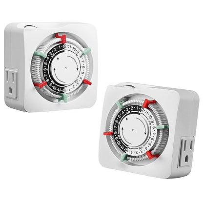 SURAIELEC Mechanical Timer with 2 Grounded Outlets, Indoor Electrical Plug in Timer with Trippers, 24-Hour Programmable and 3 Prong for Christmas Decorations, Plant Lights, Fan, 15A, White, 2 Pack