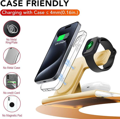3 in 1 Charging Station for iPhone 17 - Wireless Charger for Apple Products for iPhone 17 16 15 14 13 12 11 Pro Max - Foldable Wireless Charging Station Dock Stand for iWatch Series & AirPods(Beige)