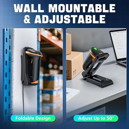 Tera 1D 2D QR Barcode Scanner with Adjustable Folding Stand and Charging Cradle, Wall Mountable 2.4G Wireless & USB 2.0 Wired QR Bar Code Reader with Vibration Alert Model D5100-Fold