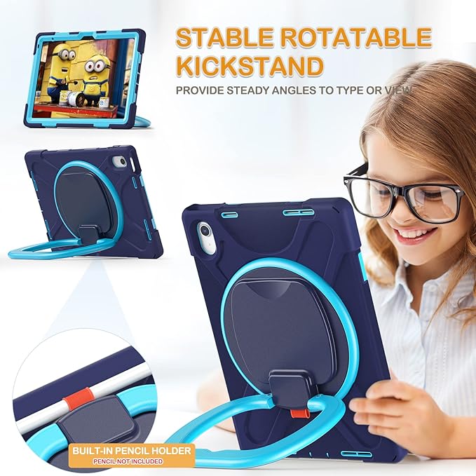 BRAECN Case for iPad (A16) 11th/10th Generation 11”/10.9'' 2025/2022, Heavy Duty Shockproof Cover with Pencil Holder/Screen Protector/Rotating Handle Grip/Stable Kickstand/Shoulder Strap, Navy Blue