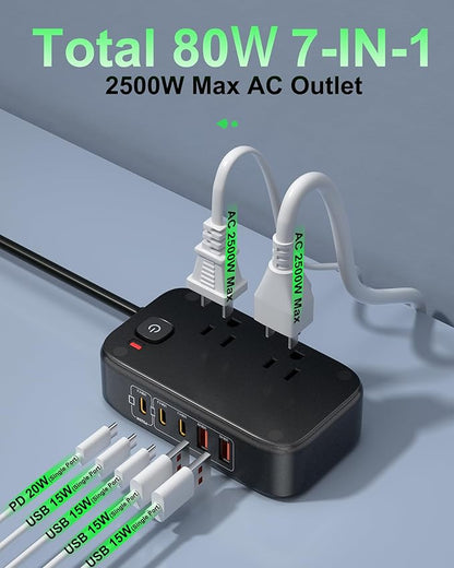 KWRNVO 5FT Travel Power Strip with USB Ports, 7-IN-1 Flat Extension Cord USB C Power Strip with 2500W AC Outlets, 3 USB-C Ports, 2 USB-A Ports Outlet Extender for Home/Office/Travel Essentials