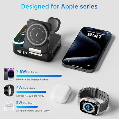 Qi2 Wireless Charger 8in1 Magnetic Wireless Charger Fast Charging Station for iPhone, 65W Fast Foldable Charger with LED Clock, USB-C/A Ports, Multi-Device Charging, Travel charged, MagSafe Compatible