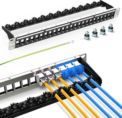 PBAEGAV 24 Port Patch Panel Blank UTP/STP 1U 19“ Keystone Patch Panel with Cable Management and Support Bar Compatible with LC/SC/ST/FC/USB/HDMI Keystone Jack(24 Port)