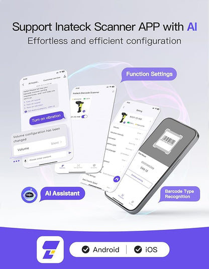 Inateck 2D Barcode Scanner, Wireless Bluetooth QR Code Scanner with AI APP & SDK, 180-Day Battery Life, Fast & Accurate Scanning, Compatible with iOS/Android/Windows