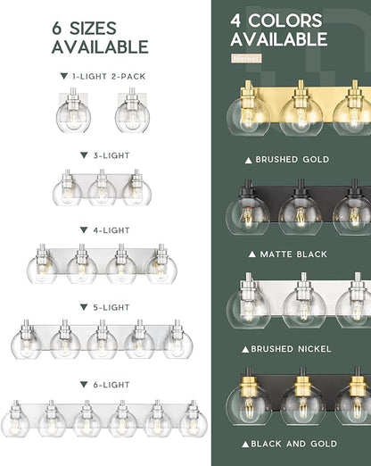 METWET Bathroom Light Fixtures, 6 Light Brushed Nickel Vanity Light, 38 Inch Modern Wall Sconces with Globe Clear Glass Shade, Vanity Lighting Fixtures Over Mirror, VL195-BN-6