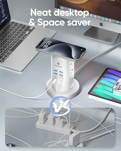 Kakyanill 115W USB Charging Station, Surge Protector Power Strip Tower, 9 AC Outlets with 8 USB Ports(4 USB-C), 6Ft Flat Plug Retractable Extension Cord, for Home Office Dorm, White