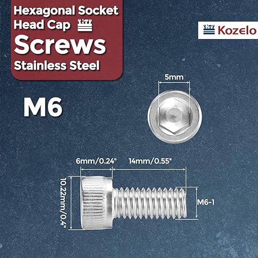 Kozelo 30pcs Socket Head Cap Screws - [M6-1 x 14mm] 304 Stainless Steel Allen Socket Drive for Electrical Motor 3D Printing Fan Engine Replacement Use, Silver