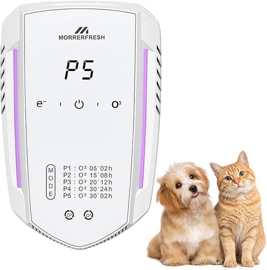 Morrerfresh Ozone Odor Eliminator for Strong Odor 99% Cat Litter Deodorizer Dog Poof Odor Removal Air Ionizers for Home Portable Air Purifier for Pets Toilet Wardrobe Shoe Garage Room Cabinet White
