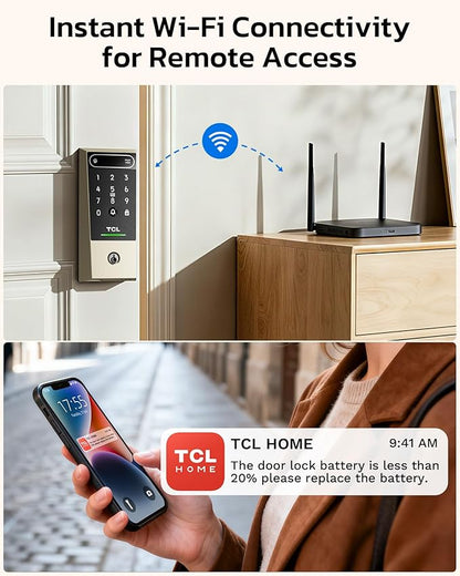 TCL D2 Pro Smart Lock with Palm Vein Recognition, 10000mAh Rechargeable Battery & Wi-Fi, Keyless Entry Door Lock, IP55 Weatherproof, Built-in Doorbell, Auto Lock, Brushed Nickel