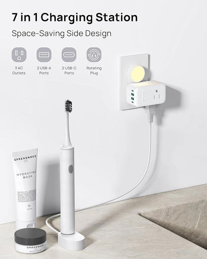 TROND Outlet Extender with 360 Rotating Plug, 3 AC Outlet Splitter with 2 PD 20W USB C Charger, USB Wall Plug Adapter, A Small Charging Station for Kitchen Bathroom Cruise Ship Travel Essentials