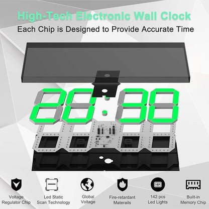 CHKOSDA LED Large Digital Wall Clock, Oversize Wall Clock with 6” Numbers, Remote Control Count up/Countdown Timer Clock, Auto Dimmer, Big Calendar and Thermometer(Green)
