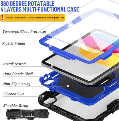 BLOSOMEET Case for iPad A16 11th/10th Generation 11''/10.9'' 2025/2022 with Tempered Glass Screen Protector & Pencil Holder, Rugged Military Grade Cover w/Stand Hand Shoulder Strap, Blue