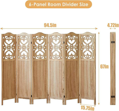 ALeesing 6 Panel Room Divider Fully Assembled, Carved Room Dividers and Folding Screens, 5.6Ft Wood Room Divider Screen Freestanding Partition Wall Dividers for Home Bedroom Office, Rustic Wood Color