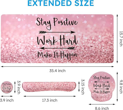 iCasso Mouse Pad,Large Pink Desk Mat Set, 4in1 XXL Mousepad + Keyboard Wrist Rest+Mouse Wrist Rest+Coaster with Ergonomic Desk Pad for Home Office Table Computer Cover -Pink Stay Positive