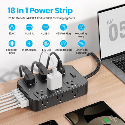 Solidock Flat Plug Power Strip Surge Protector with 12 AC Outlets 6 USB Ports 3 Side Multi Plug Outlet Extender 10 Ft Extension Cord for Home Office Kitchen Dorm Wall Desk Charging Station ETL Listed