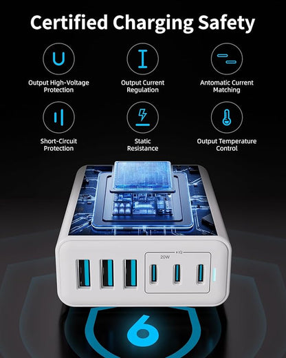 USB C Fast Charger, 105W GaN 6-Port Desktop USB Charging Station Hub, USB C Charger Block Wall Charger for iPhone 17/16/15/14/13/12/11, iPad, Samsung and More (Cable Organizer Included)