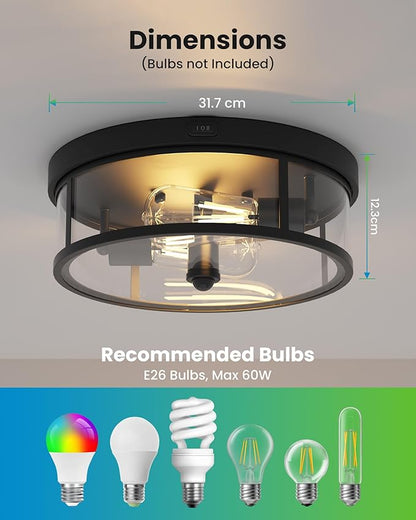 Craftersmark Outdoor Flush Mount Ceiling Light - 12.5in Motion Sensor Porch Light, 2-Light E26 Socket, Durable Iron & Clear Glass, Light Fixtures for Porch, Driveway, Covered Patio, Farmhouse