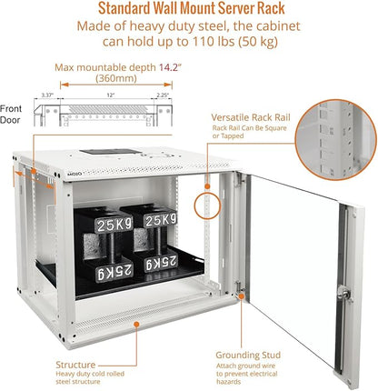Tecmojo 9U Wall Mount Rack Network Cabinet for 19" IT Equipment,with Lockable Glass Door and Side Panels,Cooling Fan,17.7inch Depth,White,Computer/Electronics Equipment Data Rack
