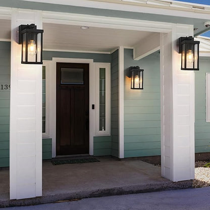 JOKAONOTL Dusk to Dawn Porch Lights with GFCI Outlets Waterproof Outdoor Wall Lights Exterior Lighting Fixtures Modern Outside Lights Wall Mount for House Patio Garage,Black,11.8''H, 2 PC