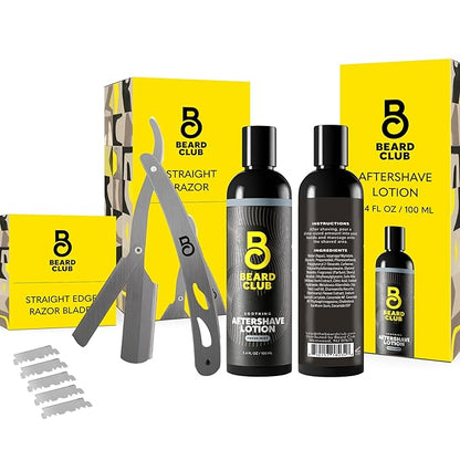Beard Club Straight Razor for Men & Aftershave for Men – Soothing After Shave Lotion & Navajas Para Barbero - Barber Straight Edge Razor Kit with Post Shave Balm Calms Irritation, 5 Blades - Gift Kit
