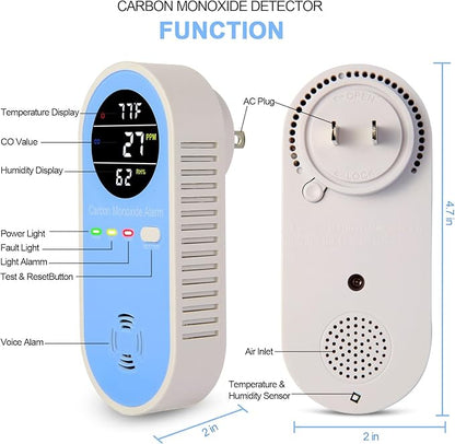 Vzmcov Plug-in Carbon Monoxide Detector with Real-Time CO Display & Temperature/Humidity Monitor, Plug-in CO Alarm for Home, RV, Apartment, Indoor Air Safety 2-Pack