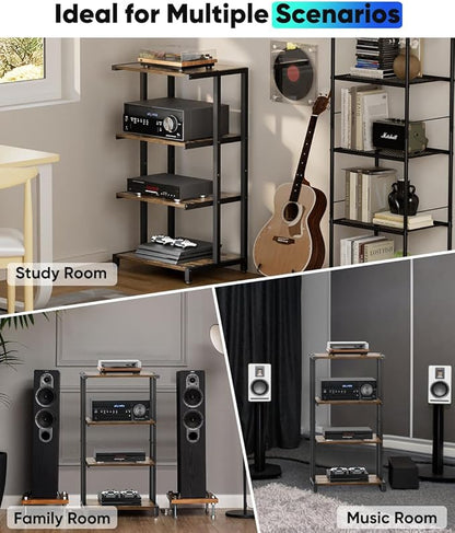 Ardier 4-Tier Wooden Media Stand, AV Media Stand Corner Shelf for TV Accessories/Audiovisual Equipment/Optical Disc/PS4, Audio Storage Rack for Living Room, Gaming Room, Music Studio, Black