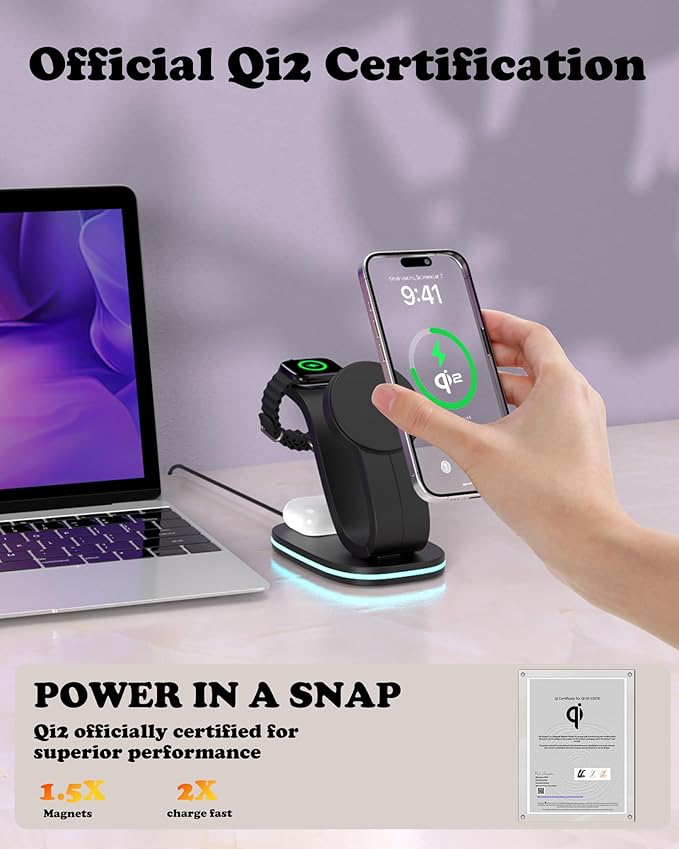 3 in 1 Wireless Charging Station for Qi2 Apple Multiple Devices, 30W USB C Adapter&Light, Fast Mag-Safe Charger Stand Compatible with iPhone 16 15 14 Pro Max, Apple Watch Series 10 9 & Airpods 4 3 Pro