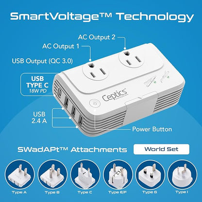Ceptics Travel Voltage Converter -200W Convert 220V to 110V for Curling Iron, Straightener, Charger Step Down World Power Plug - 4 USB PD 18W Fast Charging - SWadApt - Type A, B, C, E/F, G, I Include