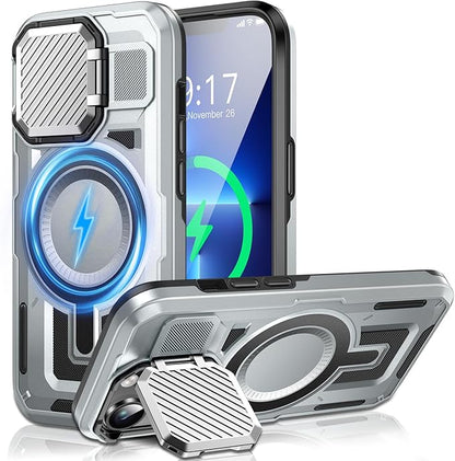 Camera Stand Case for iPhone 13 Pro Max, [Compatible with MagSafe] [Lens Cover] 2024 Version Military Grade Protective Soft Case for iPhone 13 Pro Max 6.7 inch Men Women, Grey