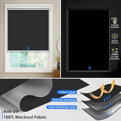 Motorized Roller Blinds with Remote Control & Solar Panel - 100% Blackout Smart Blinds, Automatic, Cordless, Electric Shades - Compatible with Alexa - Black, 48" W x 72" H