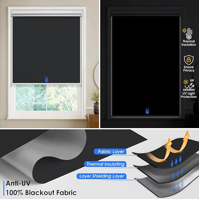 Motorized Roller Blinds with Remote Control & Solar Panel - 100% Blackout Smart Blinds, Automatic, Cordless, Electric Shades - Compatible with Alexa - Black