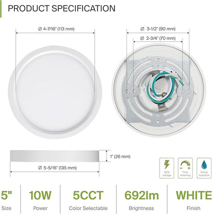 ASD LED 5" Round Flush Mount Ceiling Light Fixture, Low Profile Surface Lighting | 5CCT, Dimmable, Ultra-Thin, ETL Listed | 10W 700LM 2700-6000K 120V | Kitchen, Bedroom, Hallway Lamp | White