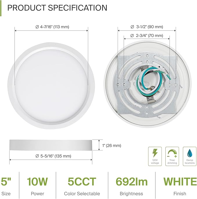 ASD LED 5" Round Flush Mount Ceiling Light Fixture, Low Profile Surface Lighting | 5CCT, Dimmable, Ultra-Thin, ETL Listed | 10W 700LM 2700-6000K 120V | Kitchen, Bedroom, Hallway Lamp | White, 6 Pack
