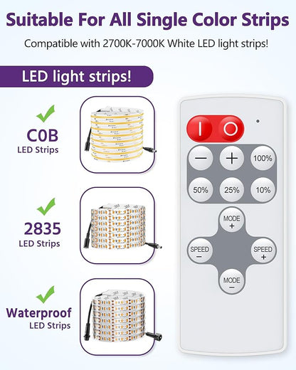 HitLights Mini RF Remote Controller for Single Color LED Strip Lights, DC 5-24V, 12-Key Wireless Dimmer with Dynamic Effect Mode, PWM Dimming Control, Ideal for Room, Home, Cabinet, DIY