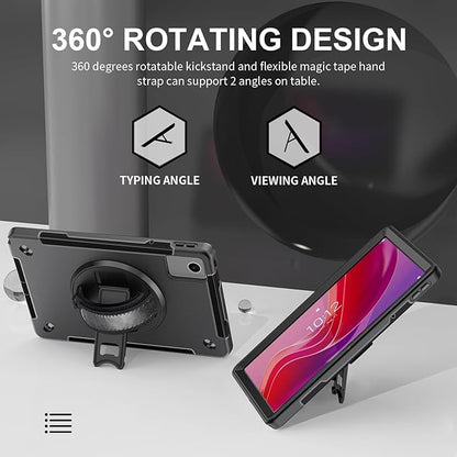 Junfire Protective Case for Lenovo Tab M11/Tab K11 LTE 11-inch 2024, Shockproof Rugged Case with 360°Rotating Kickstand/Hand Strap/Shoulder Strap/Pencil Holder for TB-330FU/330XU-Black