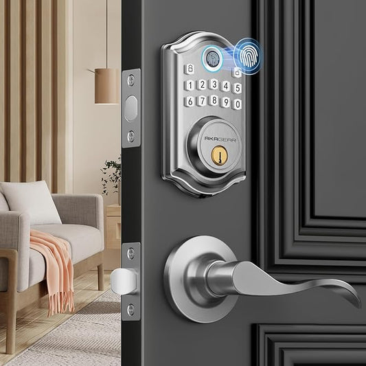 AkaGear DS10 Keyless Entry Door Lock with Handle - 2 Lever Handles, Fingerprint Door Lock, Keypad Deadbolt, 2 Keys, Code, Smart Locks for Front Door, Auto-Lock, Easy Installation - Satin Nickel