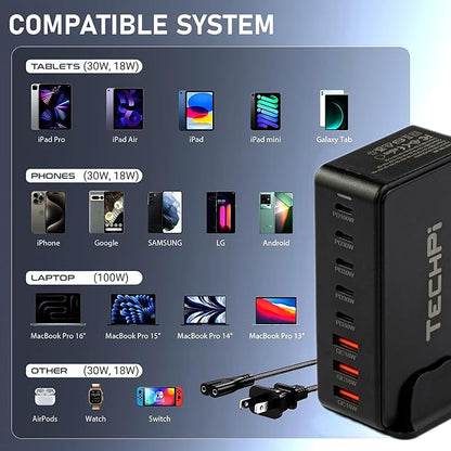 268W GaN USB Type C Charger 8 Ports Fast Charging Station PD QC4.0, USB C Laptop Charger Compatible with MacBook Pro/Air, iPads, Samsung Galaxy Note, iPhone 16/15/14/13/12 Mini/Pro/Pro Max
