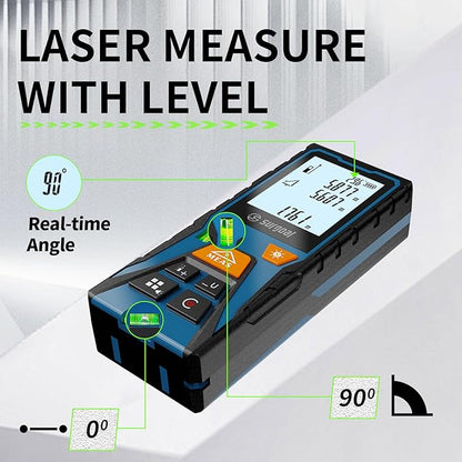 Green Laser Distance Meter 393.7ft Digital Measuring Tool with Angle Sensor Backlit LCD Area/Volume/Pythagorean ±2mm Class II Handheld Laser Measurer for Construction & DIY AAA Battery Powered