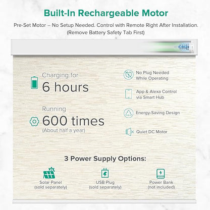 Kilonity Motorized Roller Shades, Light Filtering Remote Control Custom Window Shades Work with Alexa Google Assistant via RF Hub, Rechargeable Electric Blinds for Windows (Texture Light Coffee)