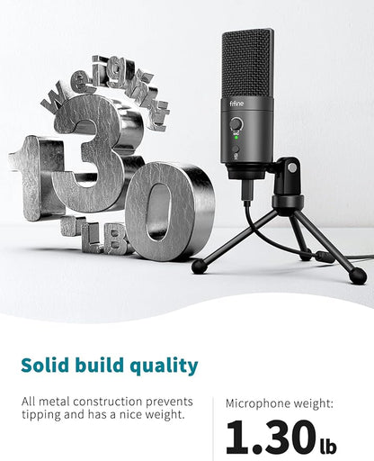 FIFINE USB Desktop PC Microphone with Pop Filter for Computer and Mac, Studio Condenser Mic with Gain Knob Mute Button Headphone Jack for Gaming Streaming Recording YouTube, Extra USB-C Plug-K683A