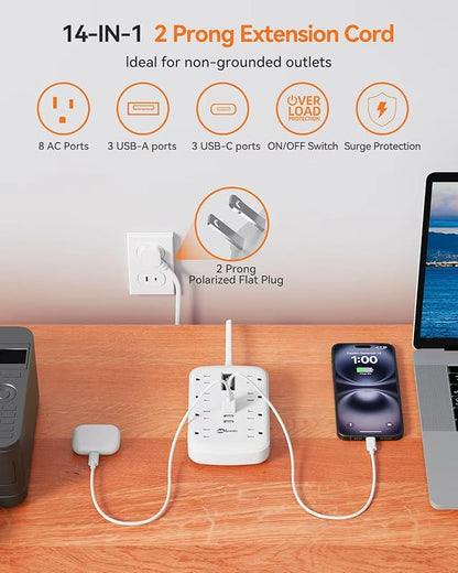 2 Prong Power Strip, 3 to 2 Prong Outlet Adapter, 1700J 2 Prong Surge Protector 5ft Extension Cord with Thin Flat Polarized Plug, 8 AC & 6 USB, Wall Mount for Non-Grounded Outlet, Ideal for Old House