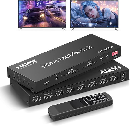 HDMI Matrix Switch 6 in 2 Out, 4K@60Hz HDMI Switch with IR Remote, Optical & 3.5mm Audio Output, 6x2 HDMI Switcher Audio Extractor Support HDMI 2.0, HDCP 2.2, 3D, Auto Downscal for PS5/4, Fire Stick