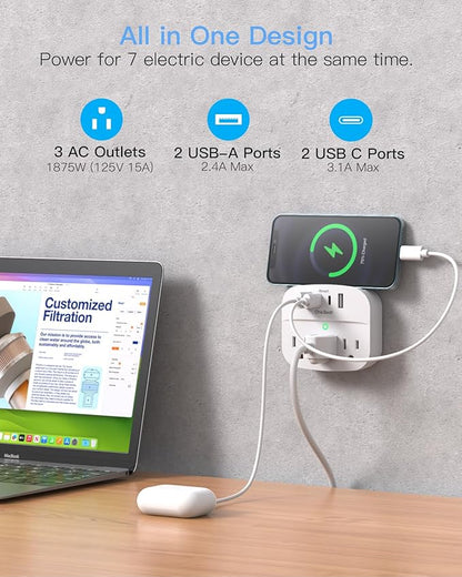 2 Pack Multi Plug Wall Outlet Splitter with USB, Non Surge Protector for Cruise Ship, Cruise Outlet with 3 Wall Outlets 4 USB Wall Charger(2 USB C), Small Travel Plug Adapter for Cruise,Travel,White