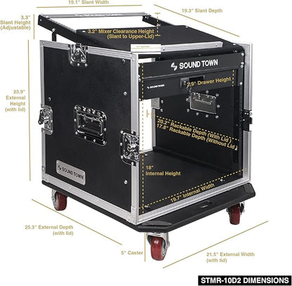 Sound Town High-Quality 1/2” (12mm) Plywood 10U PA DJ Pro Audio Rack/Road ATA Case with 11U Slant Mixer Top, Locking Drawer, 20’’ Rackable Depth and Casters (STMR-10D2)