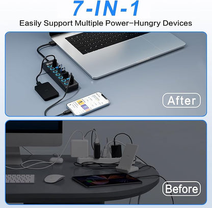 7-Port USB 3.0 Hub, Data USB Hub Splitter with Individual On/Off Switches and Lights, Compatible with Laptop, PC, MacBook, Mac Pro, Mac mini, iMac, Surface Pro and More