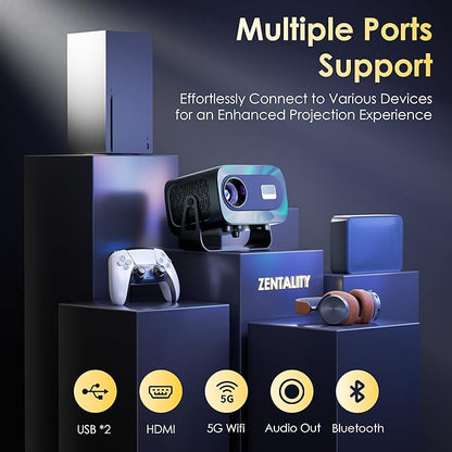 ZENTALITY Projector with WiFi and Bluetooth, Electric Focus & Vertical Keystone, 1080P HD 4K Support, Smart Projector with Built-in Streaming Apps, Portable Projector for Outdoor & Home Movie